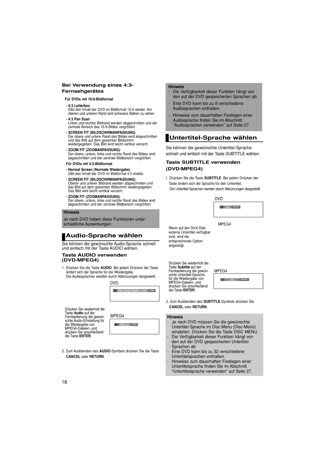 Samsung DVD-1080PK manual Untertitel-Sprache wählen, Audio-Sprache wählen, Bei Verwendung eines 43- Fernsehgerätes 