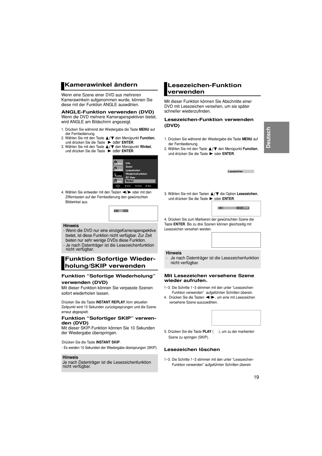 Samsung DVD-1080PK Kamerawinkel ändern, Funktion Sofortige Wieder- holung/SKIP verwenden, Lesezeichen-Funktion verwenden 