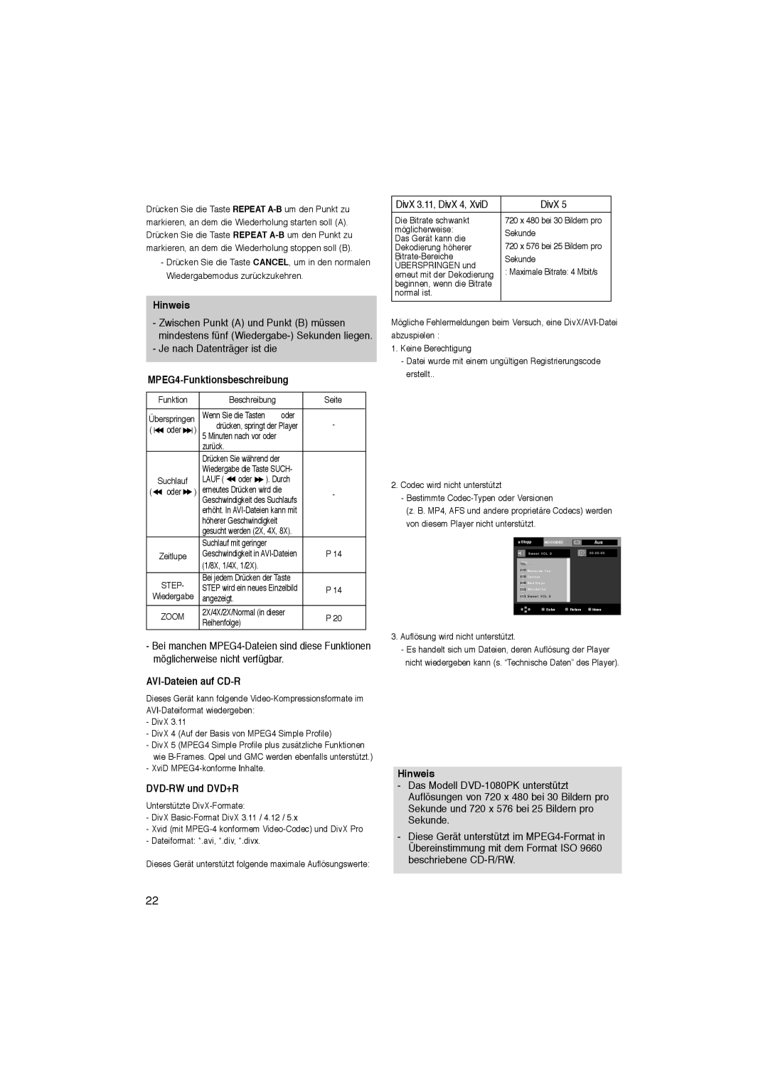 Samsung DVD-1080PK Je nach Datenträger ist die, MPEG4-Funktionsbeschreibung, AVI-Dateien auf CD-R, DVD-RW und DVD+R, DivX 