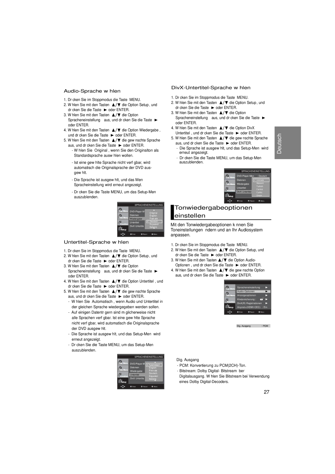 Samsung DVD-1080PK manual Tonwiedergabeoptionen einstellen, Audio-Sprache wählen, Untertitel-Sprache wählen 