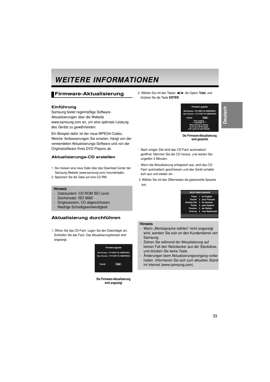 Samsung DVD-1080PK manual Weitere Informationen, Firmware-Aktualisierung, Einführung, Aktualisierungs-CD erstellen 