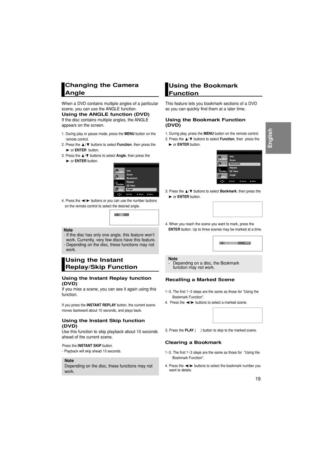 Samsung DVD-1080PK manual Changing the Camera Angle, Using the Instant Replay/Skip Function, Using the Bookmark Function 