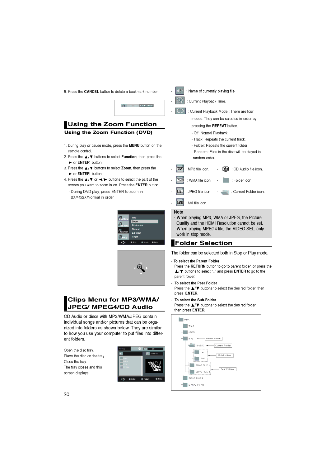 Samsung DVD-1080PK manual Using the Zoom Function, Clips Menu for MP3/WMA/ JPEG/ MPEG4/CD Audio, Folder Selection 