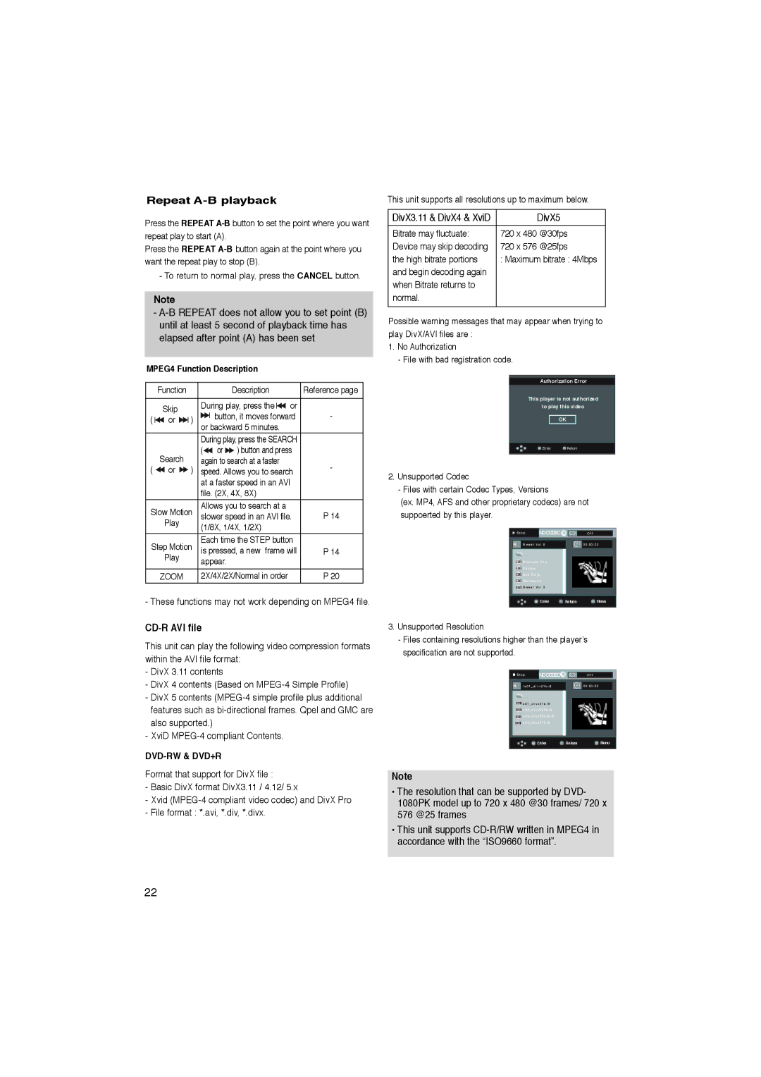 Samsung DVD-1080PK manual Repeat A-B playback, CD-R AVI file, DivX5, MPEG4 Function Description 