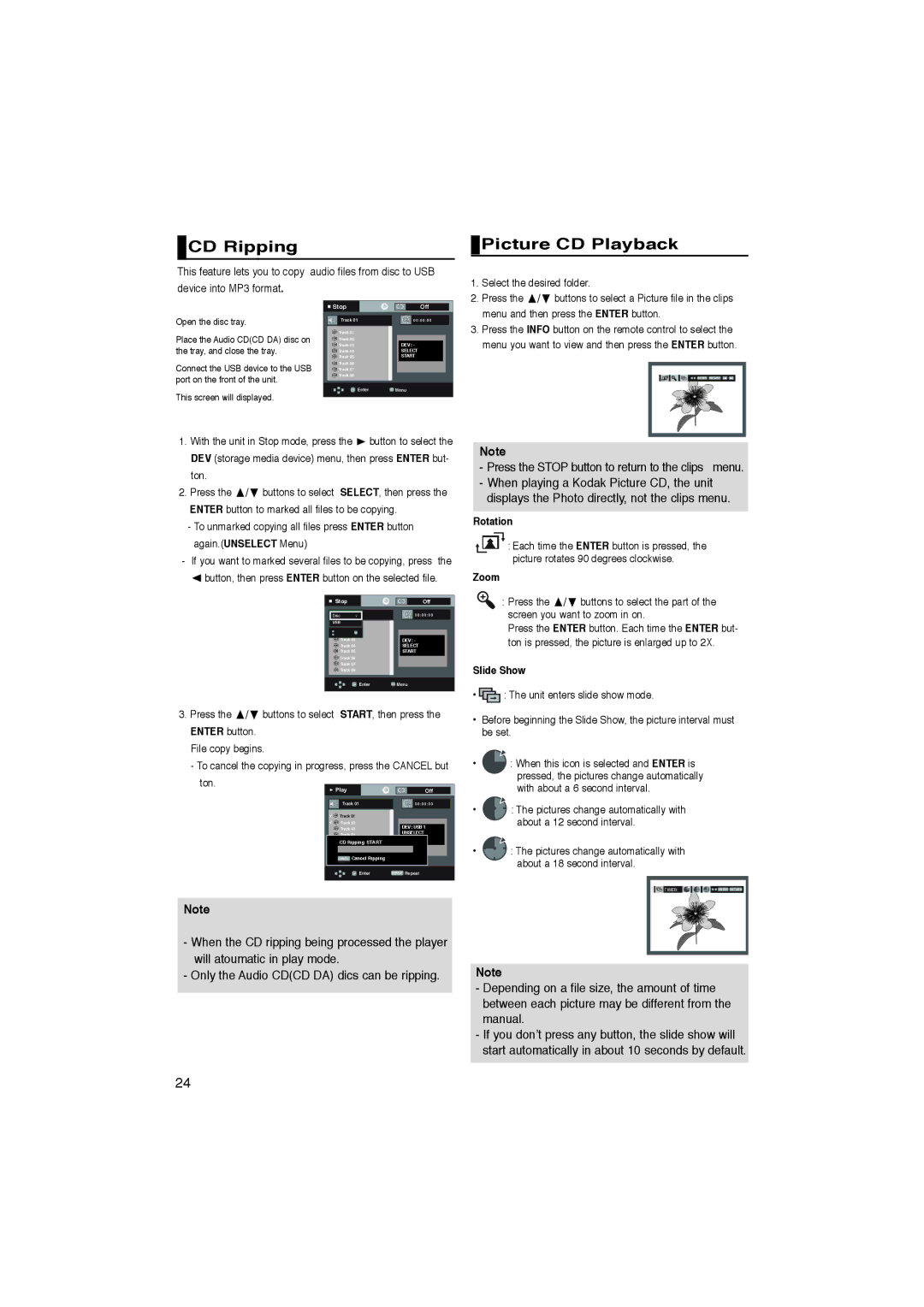 Samsung DVD-1080PK manual CD Ripping, Picture CD Playback, Press the Stop button to return to the clips menu 