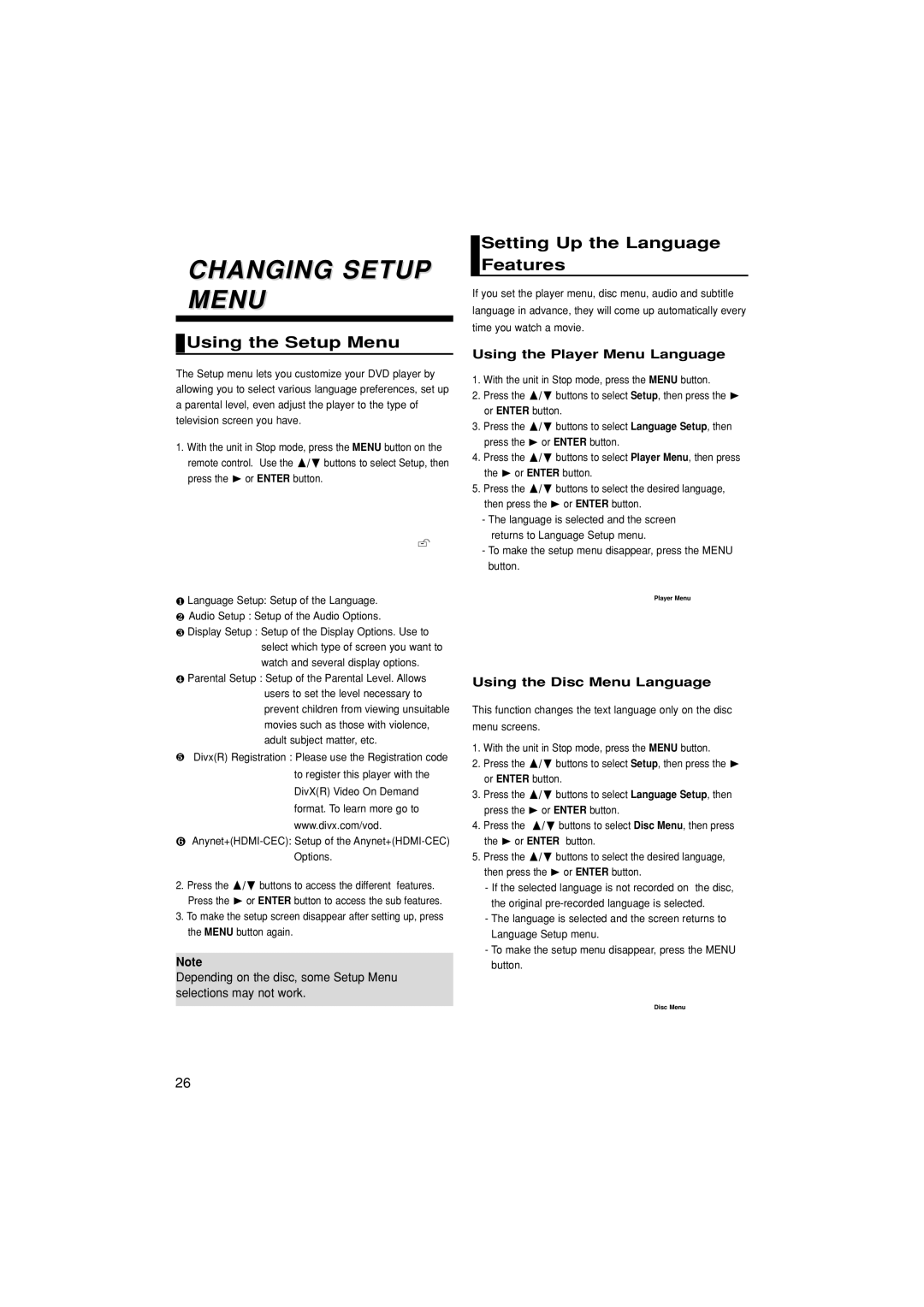 Samsung DVD-1080PK manual Changing Setup Menu, Using the Setup Menu, Setting Up the Language Features 