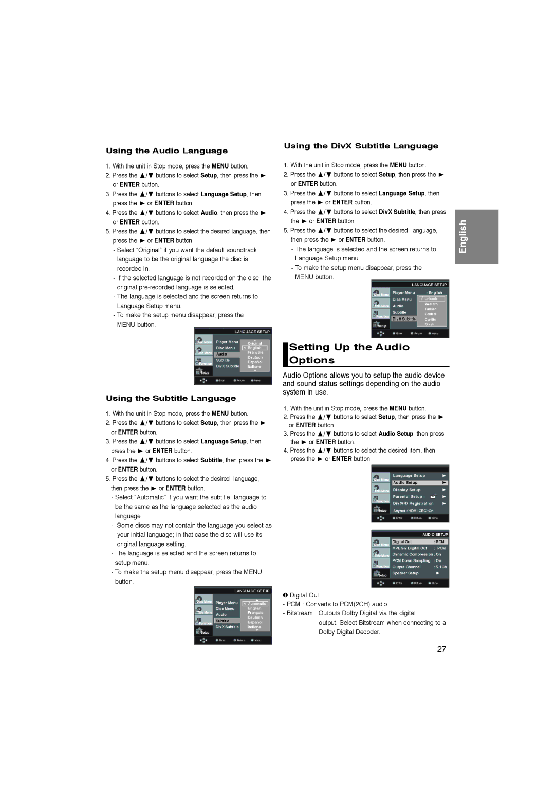 Samsung DVD-1080PK manual Setting Up the Audio Options, Using the Audio Language, Using the Subtitle Language 