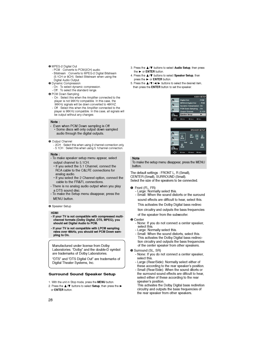 Samsung DVD-1080PK manual Even when PCM Down sampling is Off, Surround Sound Speaker Setup, ❻ Speaker Setup 