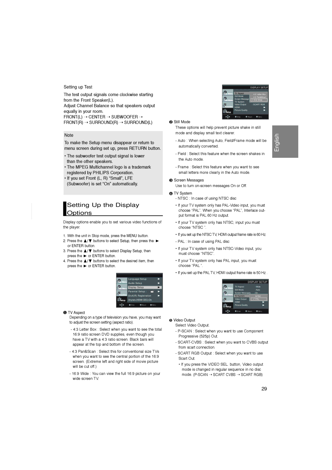 Samsung DVD-1080PK manual Setting Up the Display Options, Setting up Test 