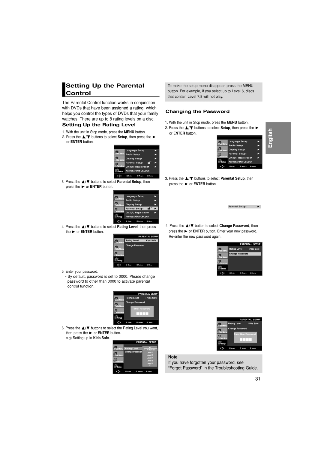 Samsung DVD-1080PK manual Setting Up the Parental Control, Setting Up the Rating Level, Changing the Password 