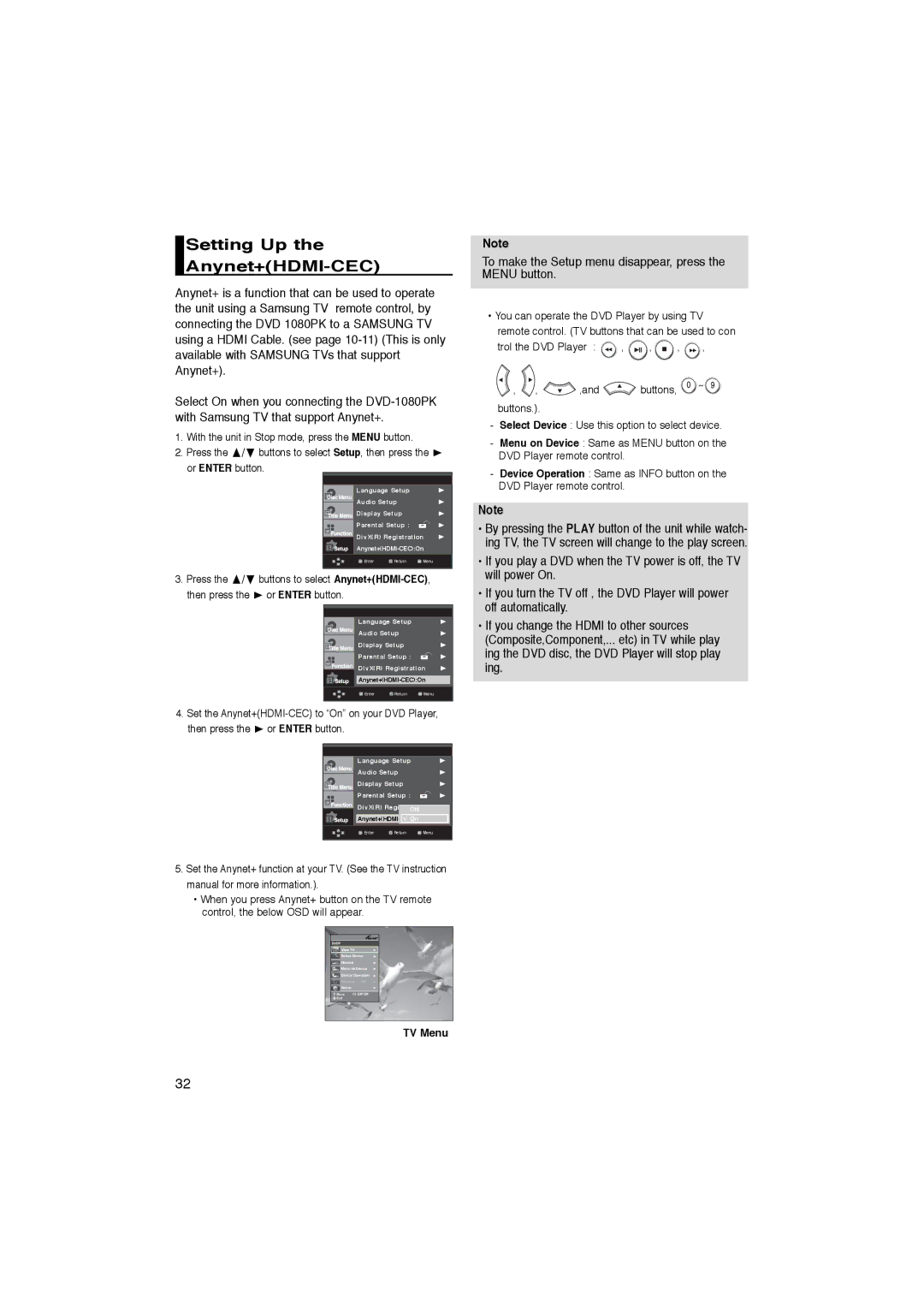 Samsung DVD-1080PK manual Setting Up Anynet+HDMI-CEC, TV Menu 