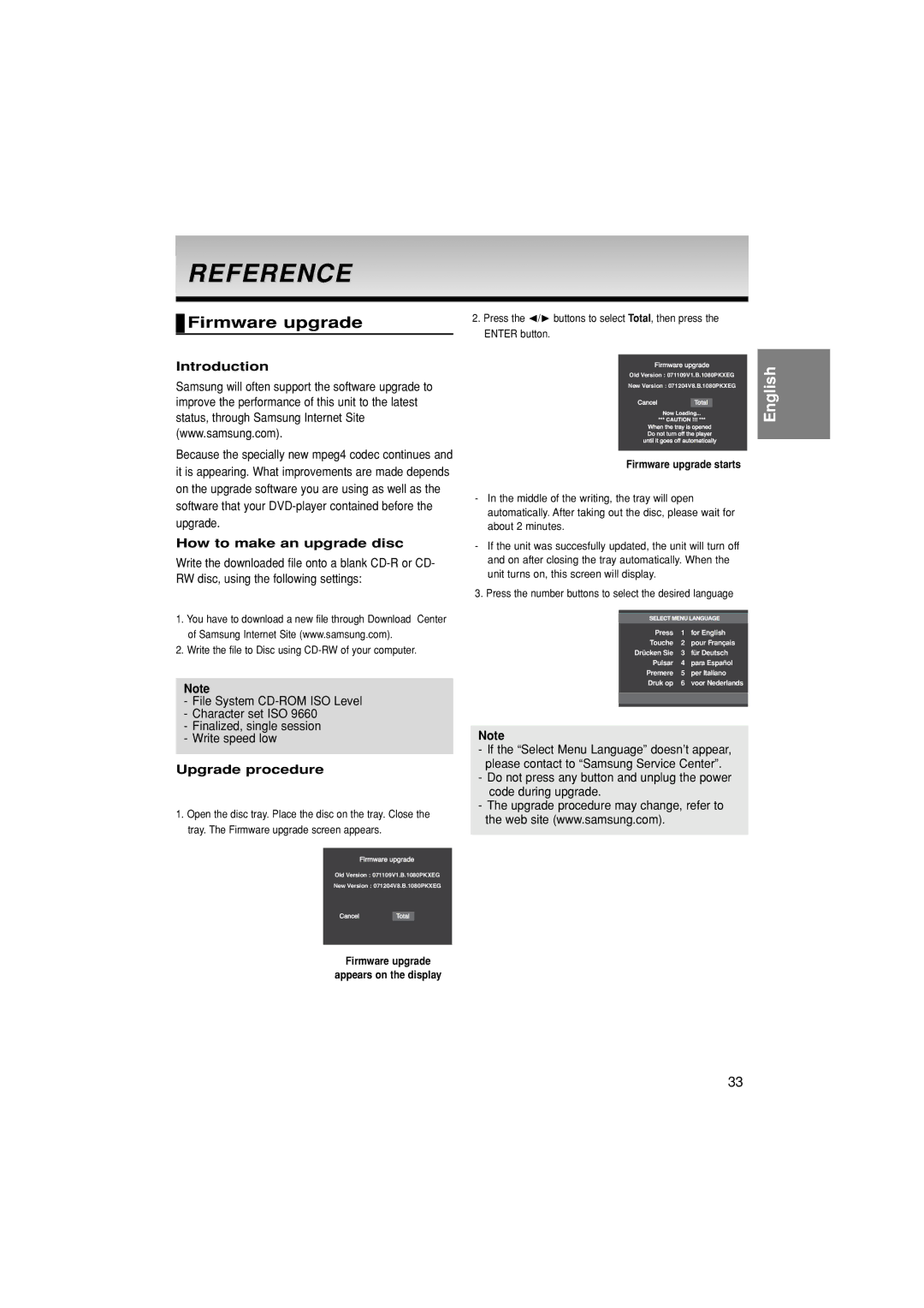 Samsung DVD-1080PK manual Reference, Firmware upgrade, Introduction, How to make an upgrade disc, Upgrade procedure 