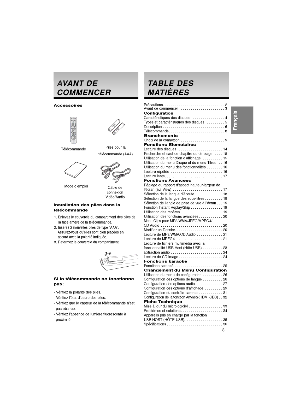 Samsung DVD-1080PK manual Avant DE Commencer, Table DES Matières 