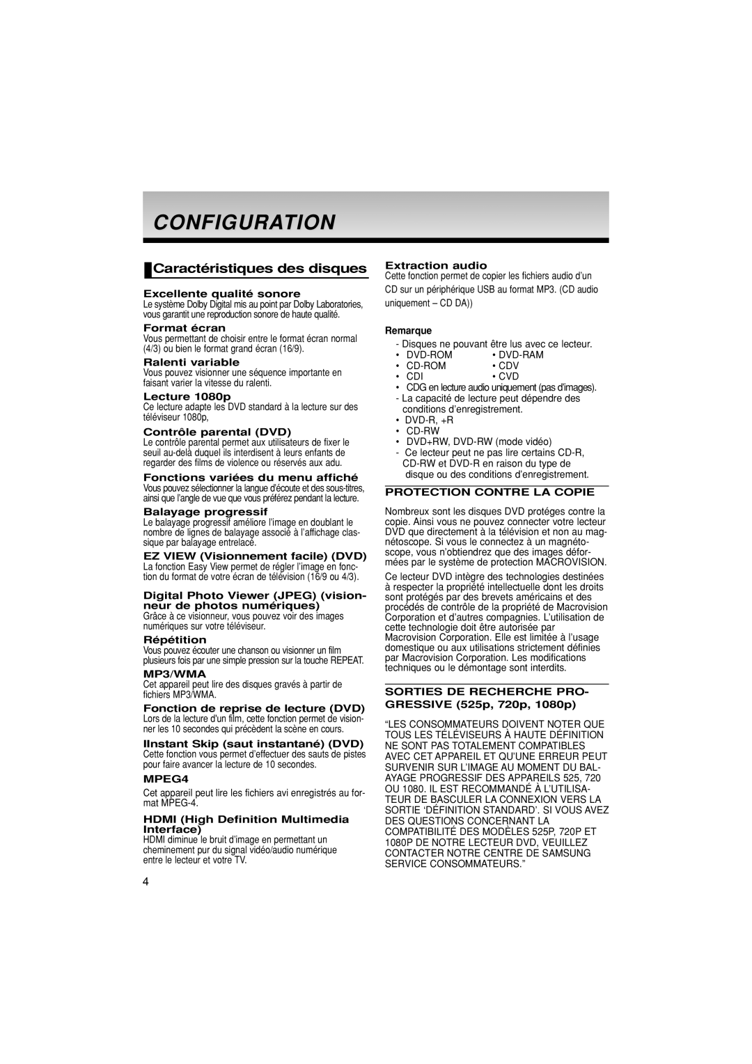 Samsung DVD-1080PK manual Configuration, Caractéristiques des disques 