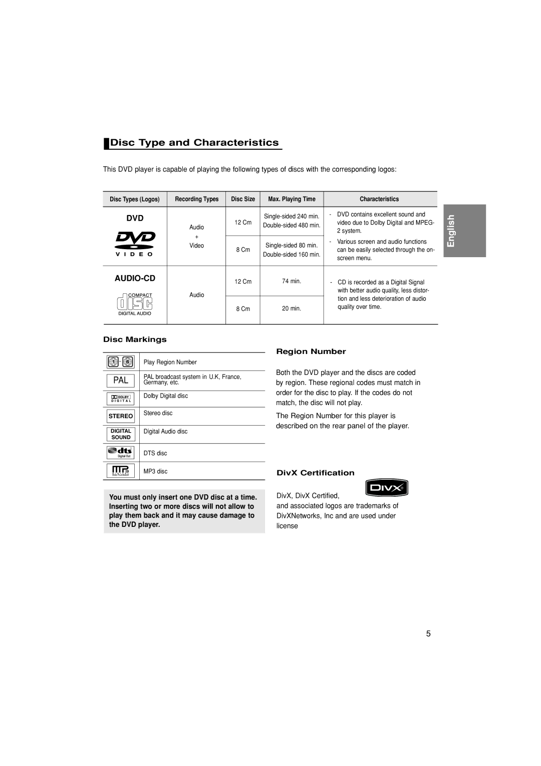 Samsung DVD-1080PK manual Disc Type and Characteristics, Disc Markings, DivX Certification 