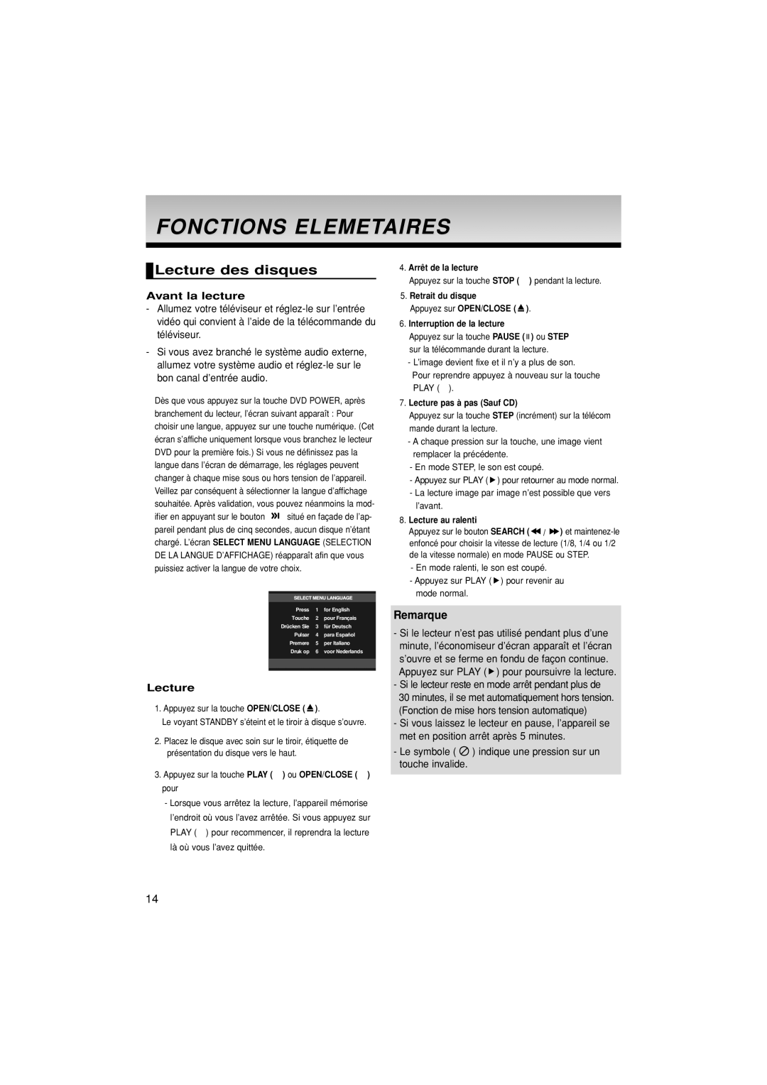 Samsung DVD-1080PK manual Fonctions Elemetaires, Lecture des disques, Avant la lecture 