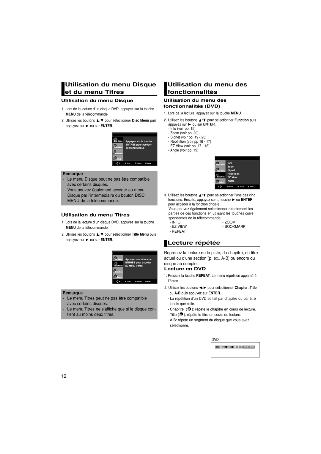 Samsung DVD-1080PK Utilisation du menu Disque et du menu Titres, Utilisation du menu des fonctionnalités, Lecture répétée 