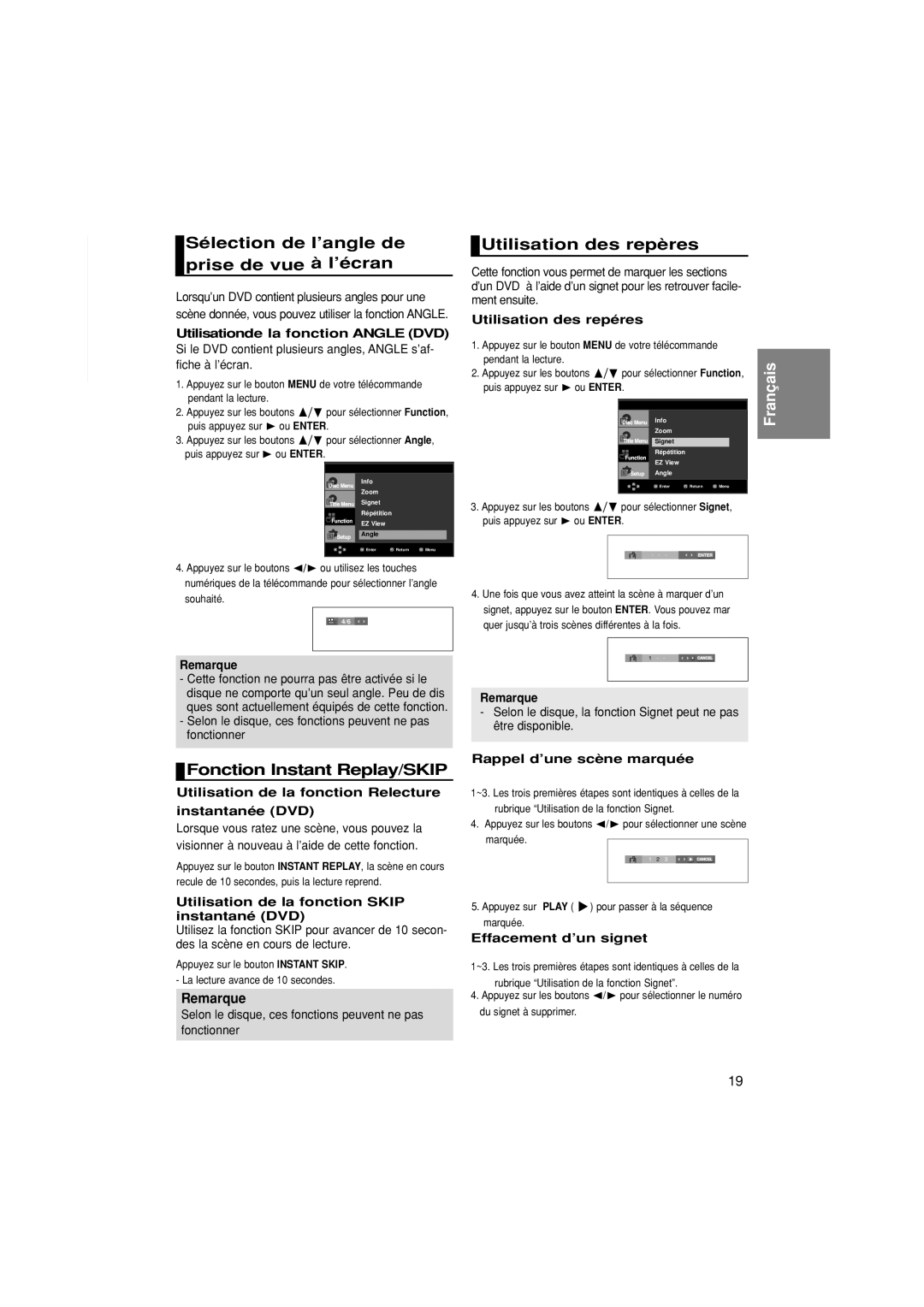 Samsung DVD-1080PK Sélection de l’angle de prise de vue à l’écran, Utilisation des repères, Fonction Instant Replay/SKIP 