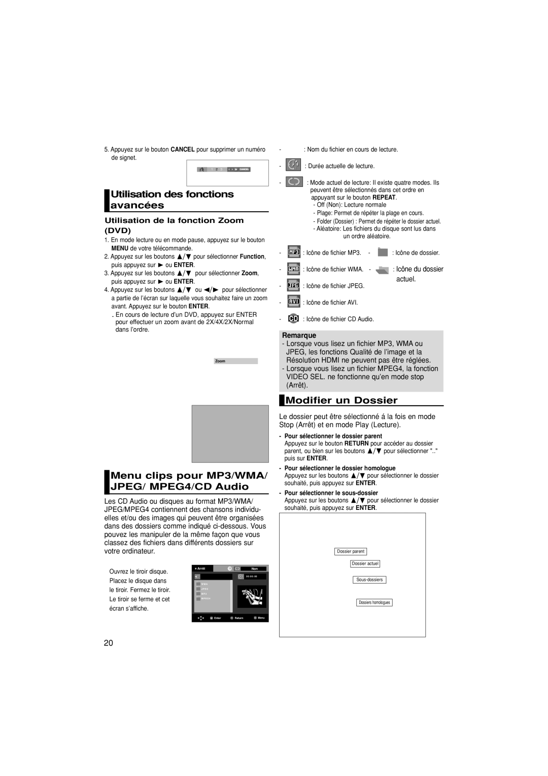 Samsung DVD-1080PK Utilisation des fonctions avancées, Menu clips pour MP3/WMA/ JPEG/ MPEG4/CD Audio, Modifier un Dossier 