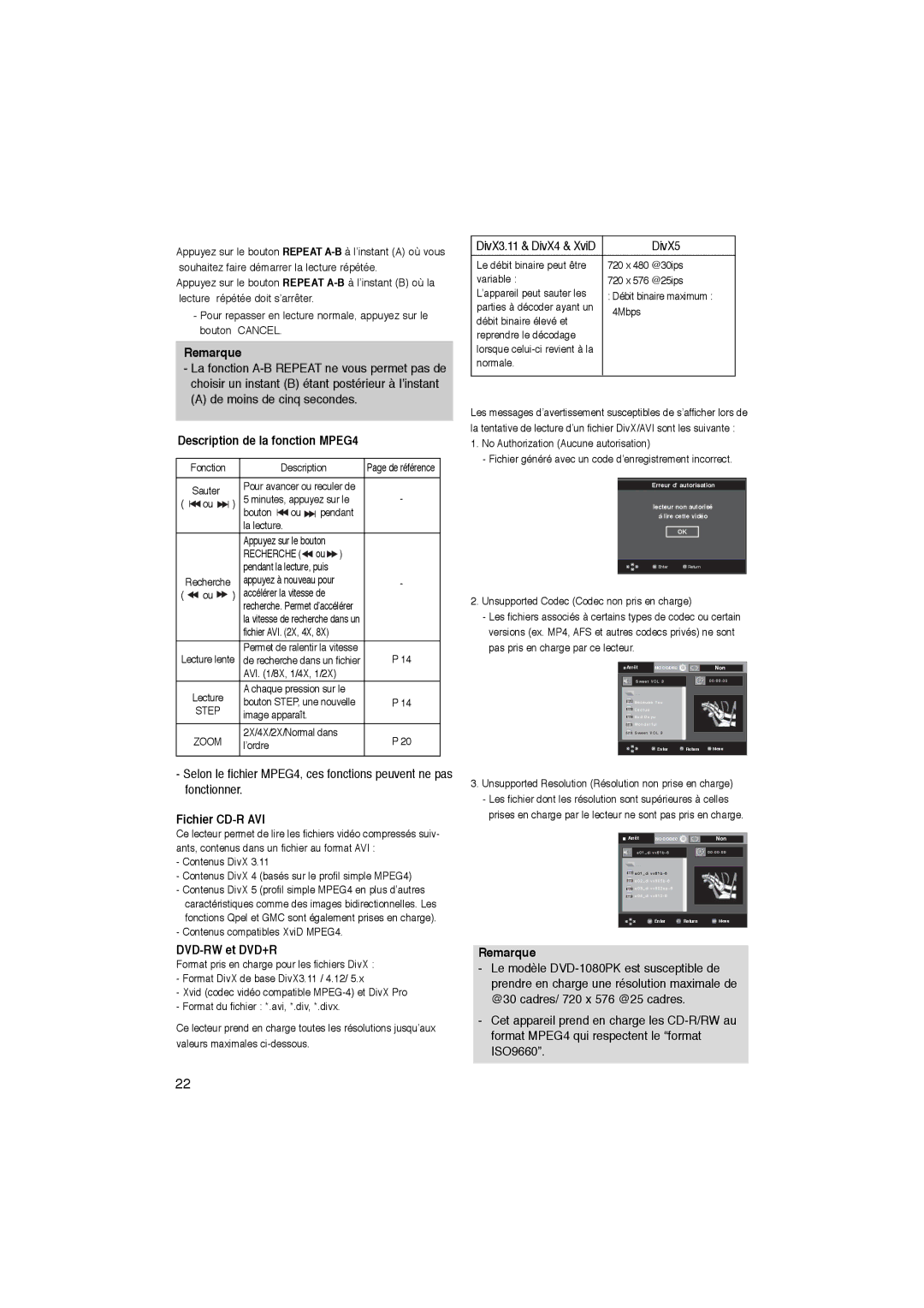 Samsung DVD-1080PK manual De moins de cinq secondes, Description de la fonction MPEG4, Fichier CD-R AVI, DVD-RW et DVD+R 