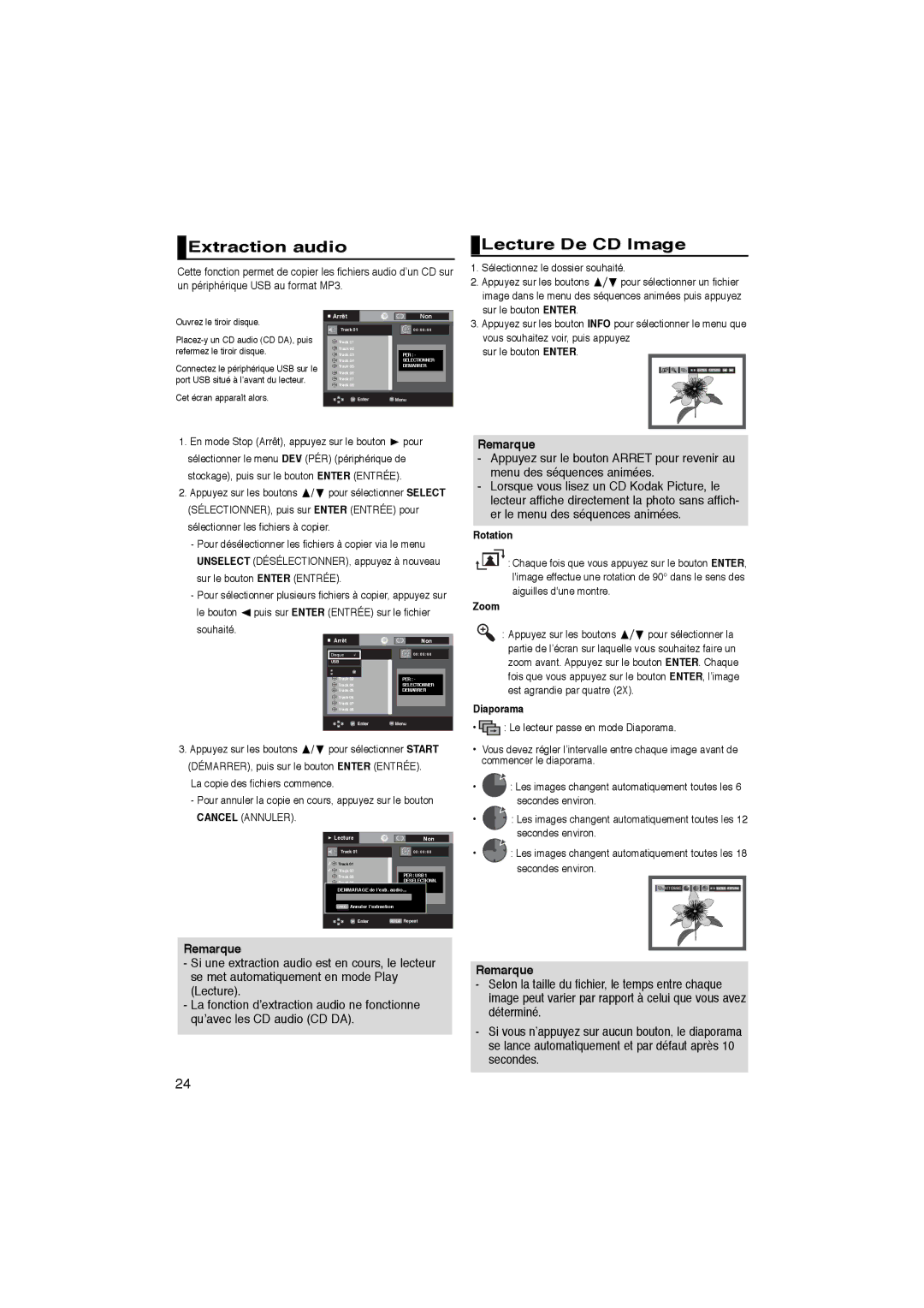 Samsung DVD-1080PK manual Extraction audio, Lecture De CD Image, Diaporama 