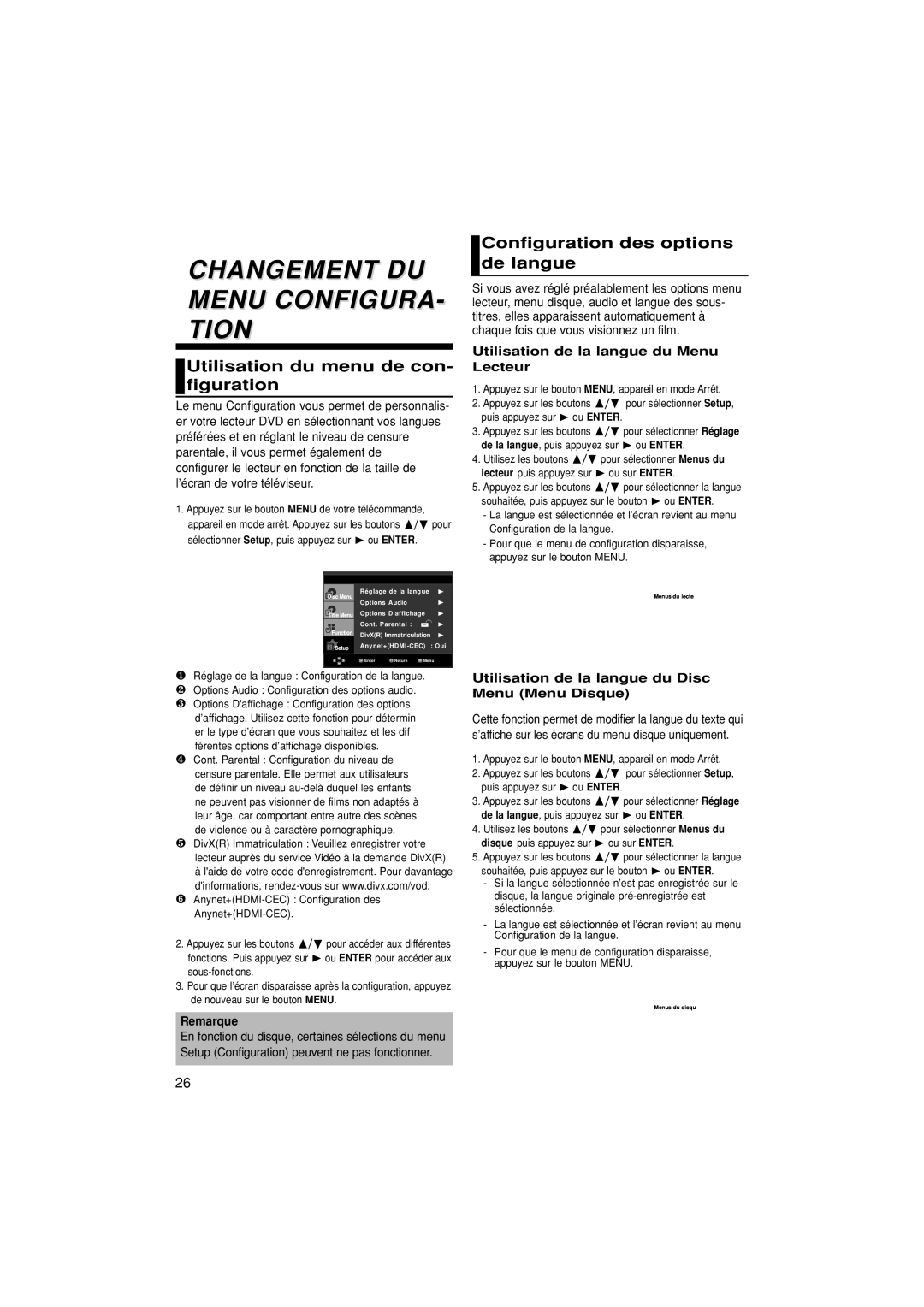 Samsung DVD-1080PK manual Changement DU Menu CONFIGURA- Tion, Utilisation du menu de con- figuration 