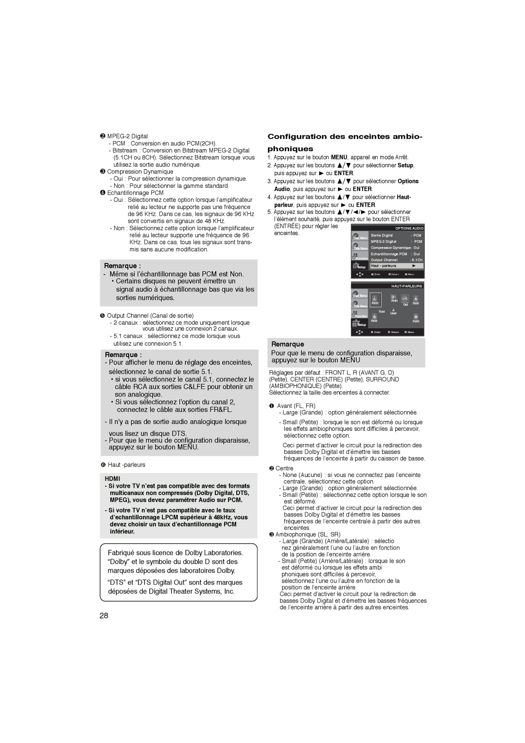 Samsung DVD-1080PK manual Configuration des enceintes ambio Phoniques, ❷ MPEG-2 Digital PCM Conversion en audio PCM2CH 