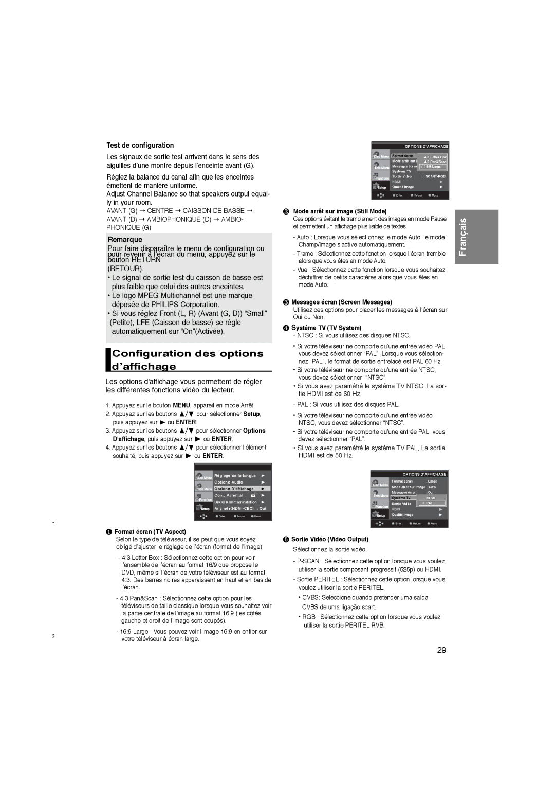 Samsung DVD-1080PK Configuration des options d’affichage, ❶ Format écran TV Aspect, ❷ Mode arrêt sur image Still Mode 