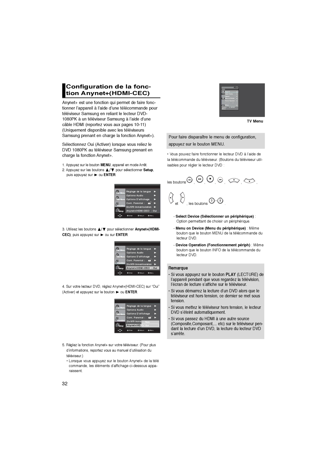 Samsung DVD-1080PK manual Configuration de la fonc- tion Anynet+HDMI-CEC, CEC, puis appuyez sur Ou sur Enter 