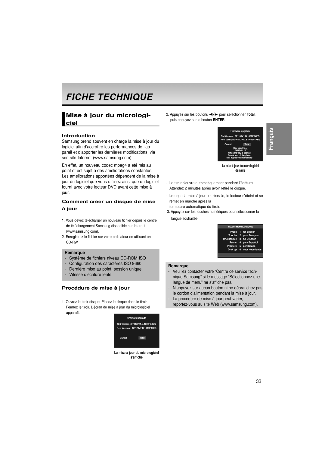 Samsung DVD-1080PK manual Fiche Technique, Mise à jour du micrologi- ciel, Comment créer un disque de mise Jour 