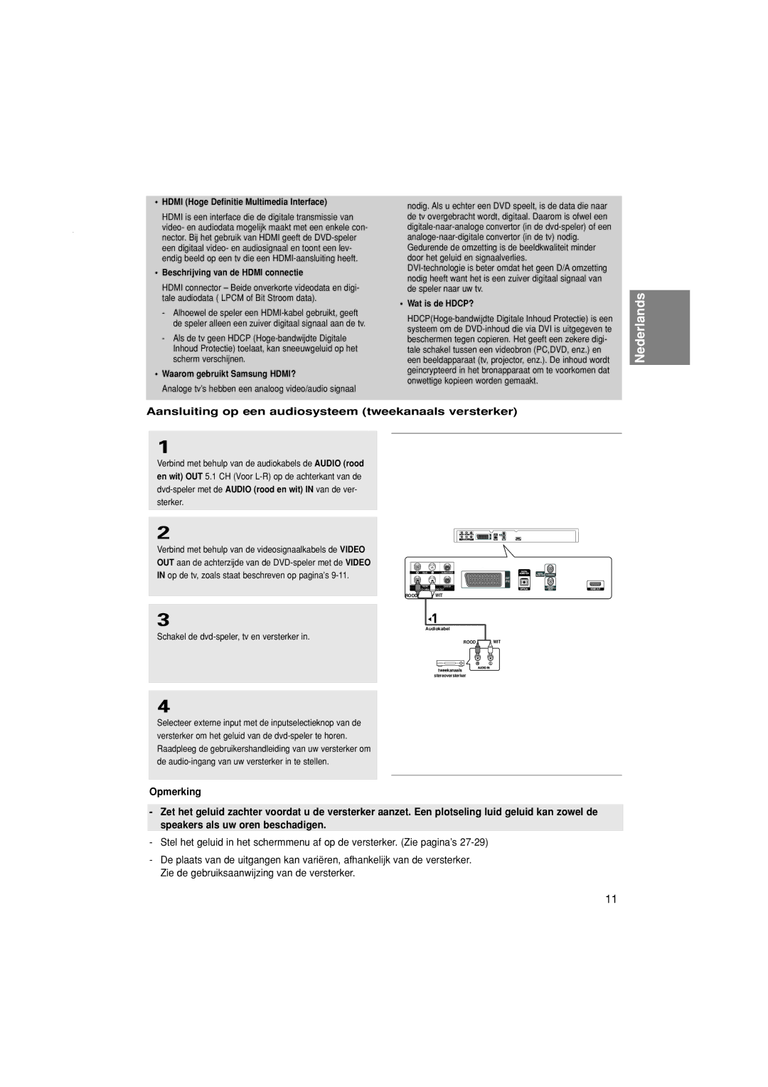 Samsung DVD-1080PK manual Aansluiting op een audiosysteem tweekanaals versterker, Hdmi Hoge Definitie Multimedia Interface 