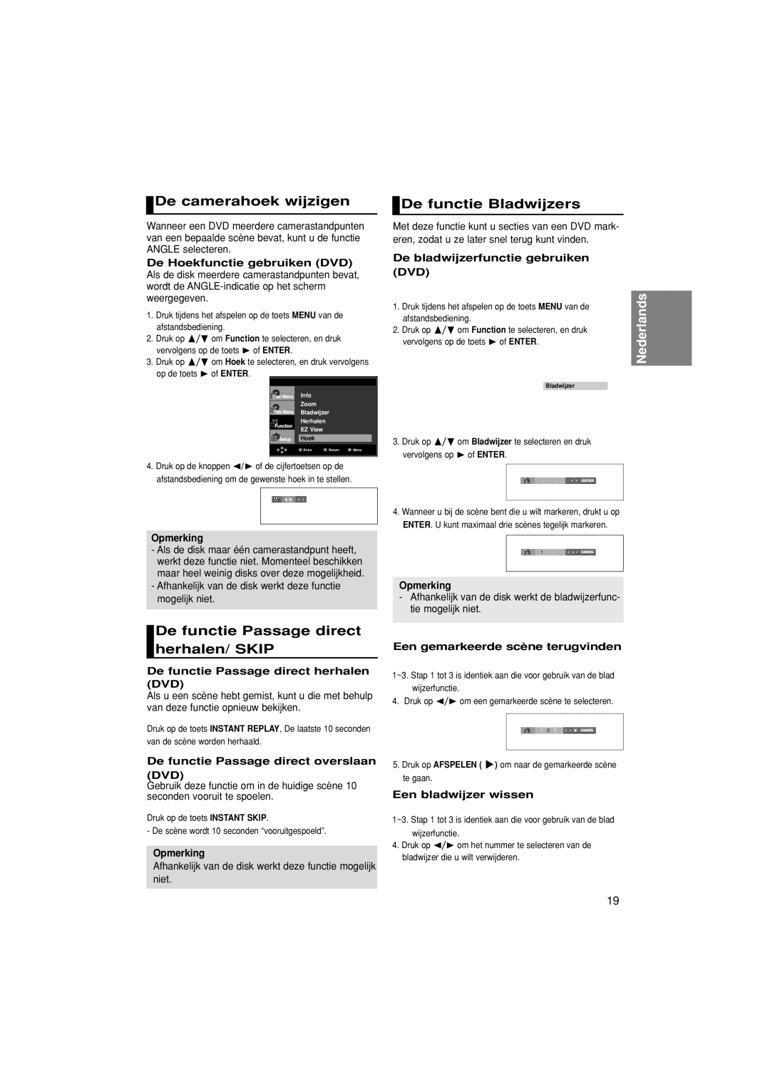 Samsung DVD-1080PK manual De camerahoek wijzigen, De functie Bladwijzers, De functie Passage direct herhalen/ Skip 