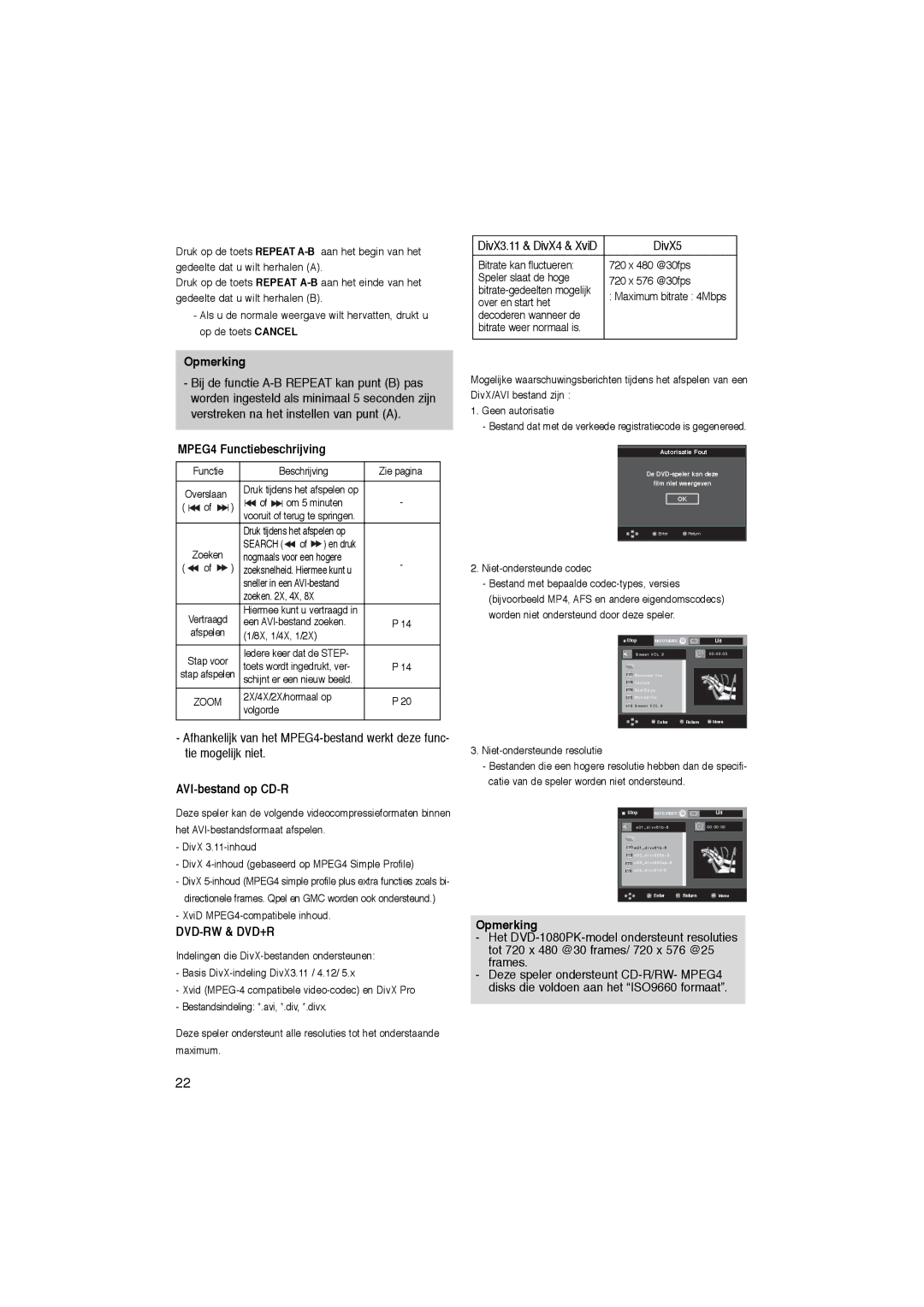 Samsung DVD-1080PK manual MPEG4 Functiebeschrijving, AVI-bestand op CD-R 