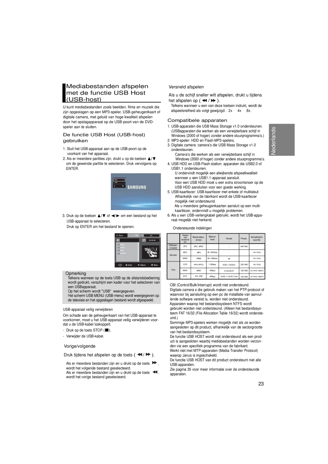 Samsung DVD-1080PK manual Mediabestanden afspelen met de functie USB Host USB-host, De functie USB Host USB-host gebruiken 