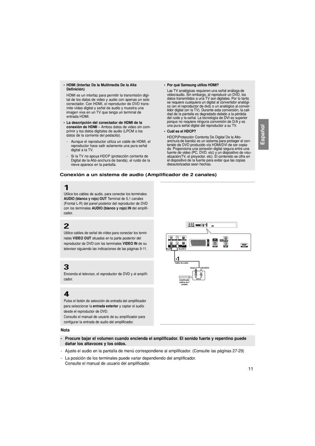 Samsung DVD-1080PK/XEC manual Conexión a un sistema de audio Amplificador de 2 canales, Por qué Samsung utiliza HDMI? 