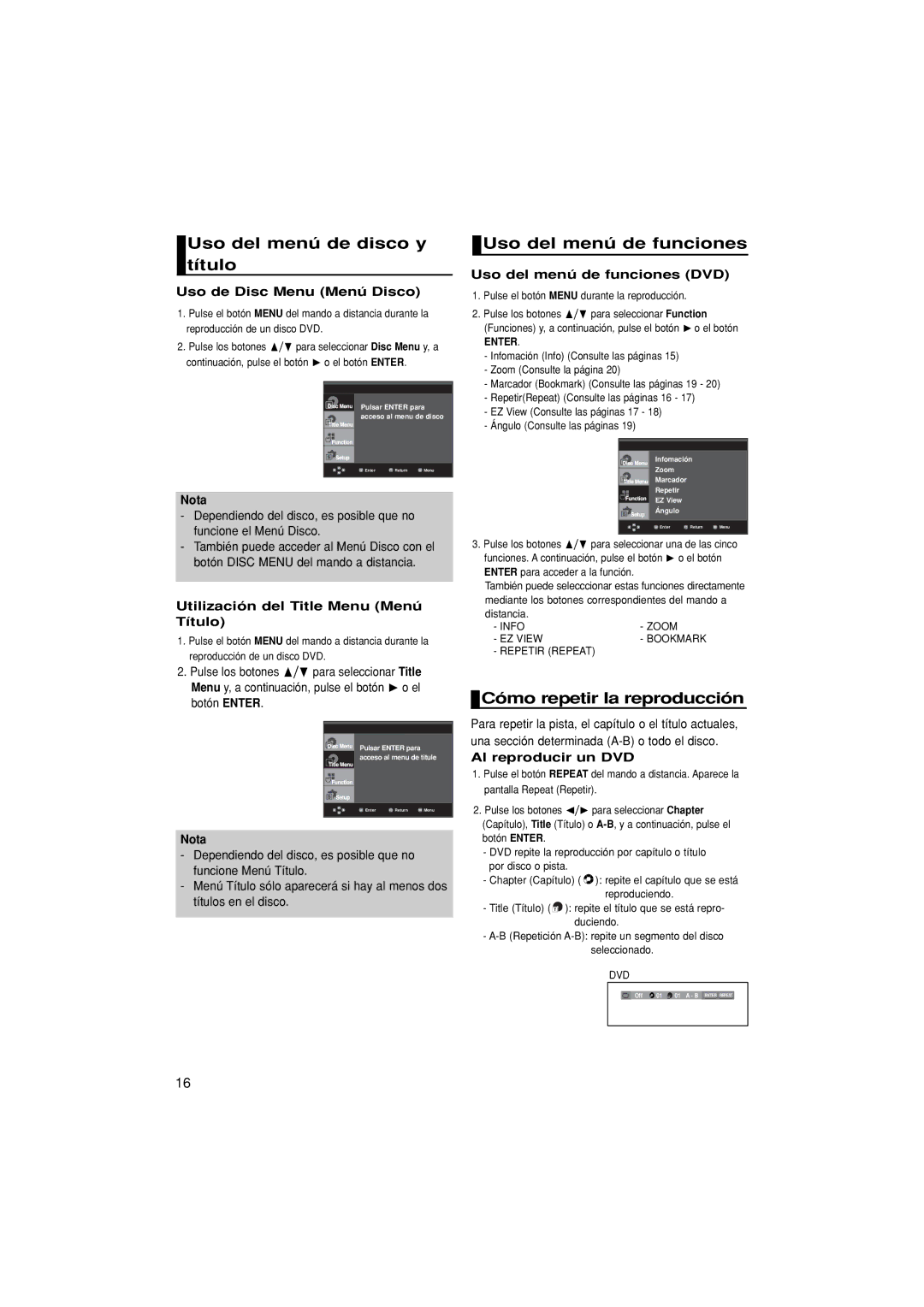 Samsung DVD-1080PK/XEC manual Uso del menú de disco y título, Uso del menú de funciones, Cómo repetir la reproducción 