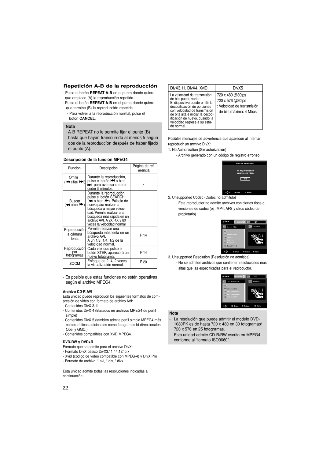 Samsung DVD-1080PK/XEC Repetición A-B de la reproducción, Descripción de la función MPEG4, DivX3.11, DivX4, XviD DivX5 