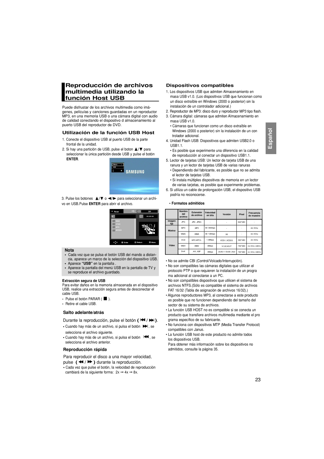 Samsung DVD-1080PK/XEC Utilización de la función USB Host, Salto adelante/atrás, Durante la reproducción, pulse el botón 