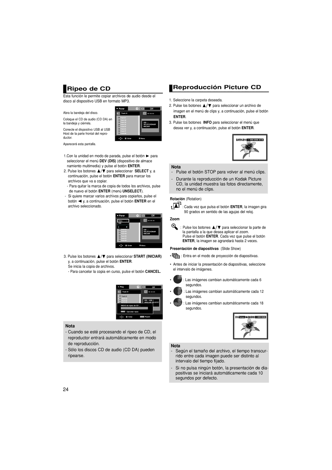 Samsung DVD-1080PK/XEC manual Ripeo de CD, Reproducción Picture CD, Zoom, Presentación de diapositivas Slide Show 