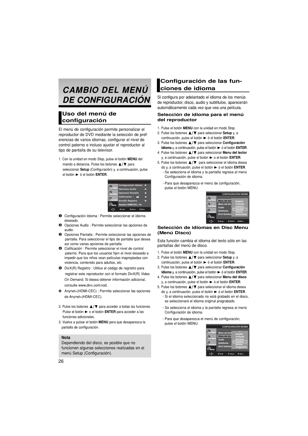 Samsung DVD-1080PK/XEC manual Cambio DEL Menú DE Configuración, Uso del menú de configuración 