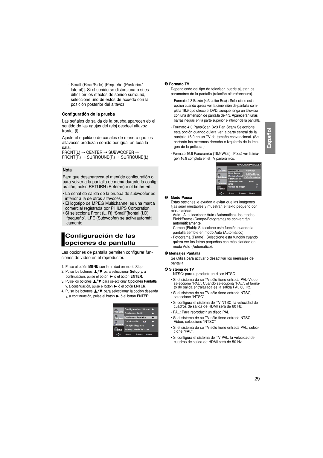 Samsung DVD-1080PK/XEC manual Configuración de las opciones de pantalla, Configuratión de la prueba 