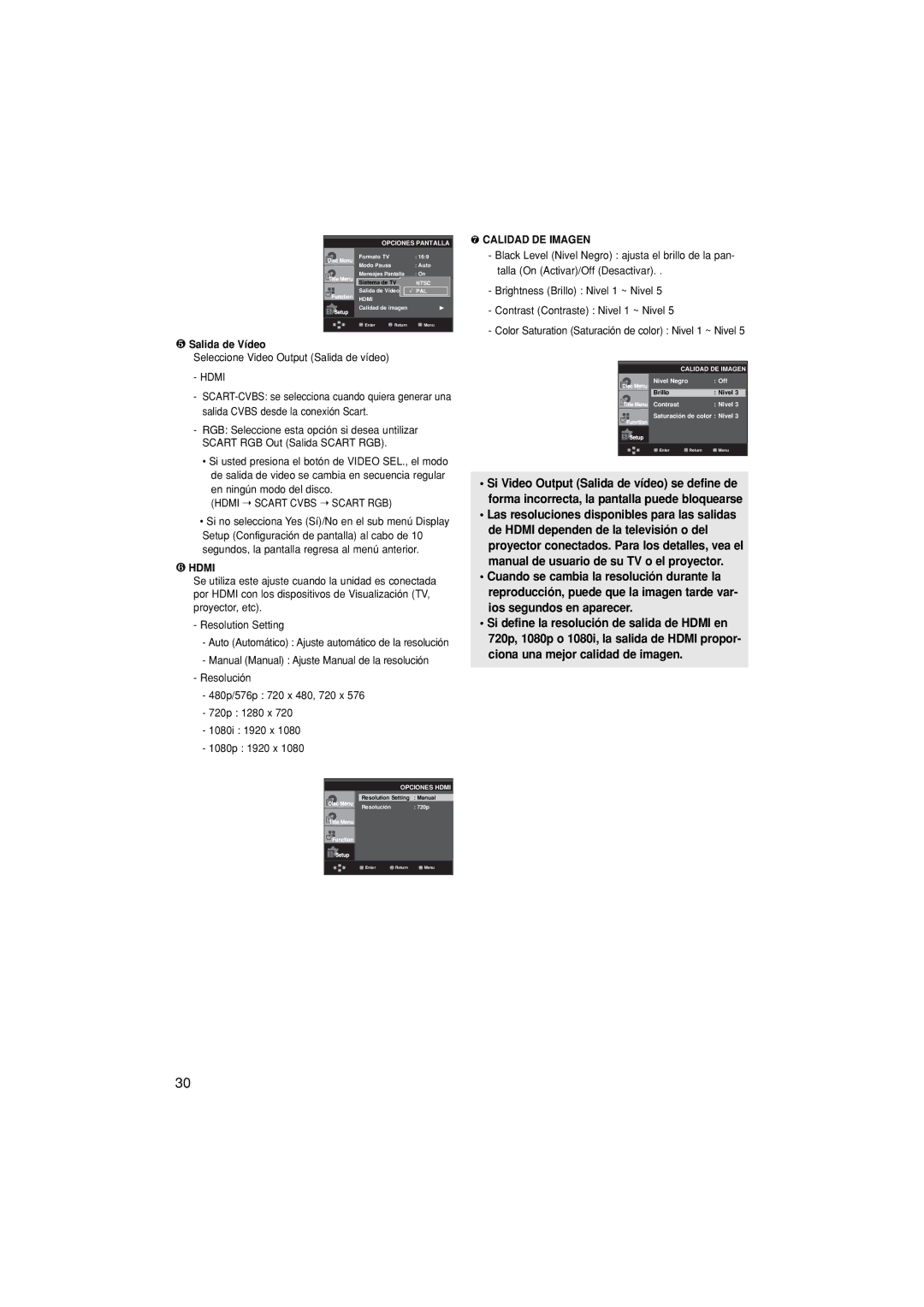 Samsung DVD-1080PK/XEC manual ❺ Salida de Vídeo, Seleccione Video Output Salida de vídeo, ❻ Hdmi, ❼ Calidad DE Imagen 