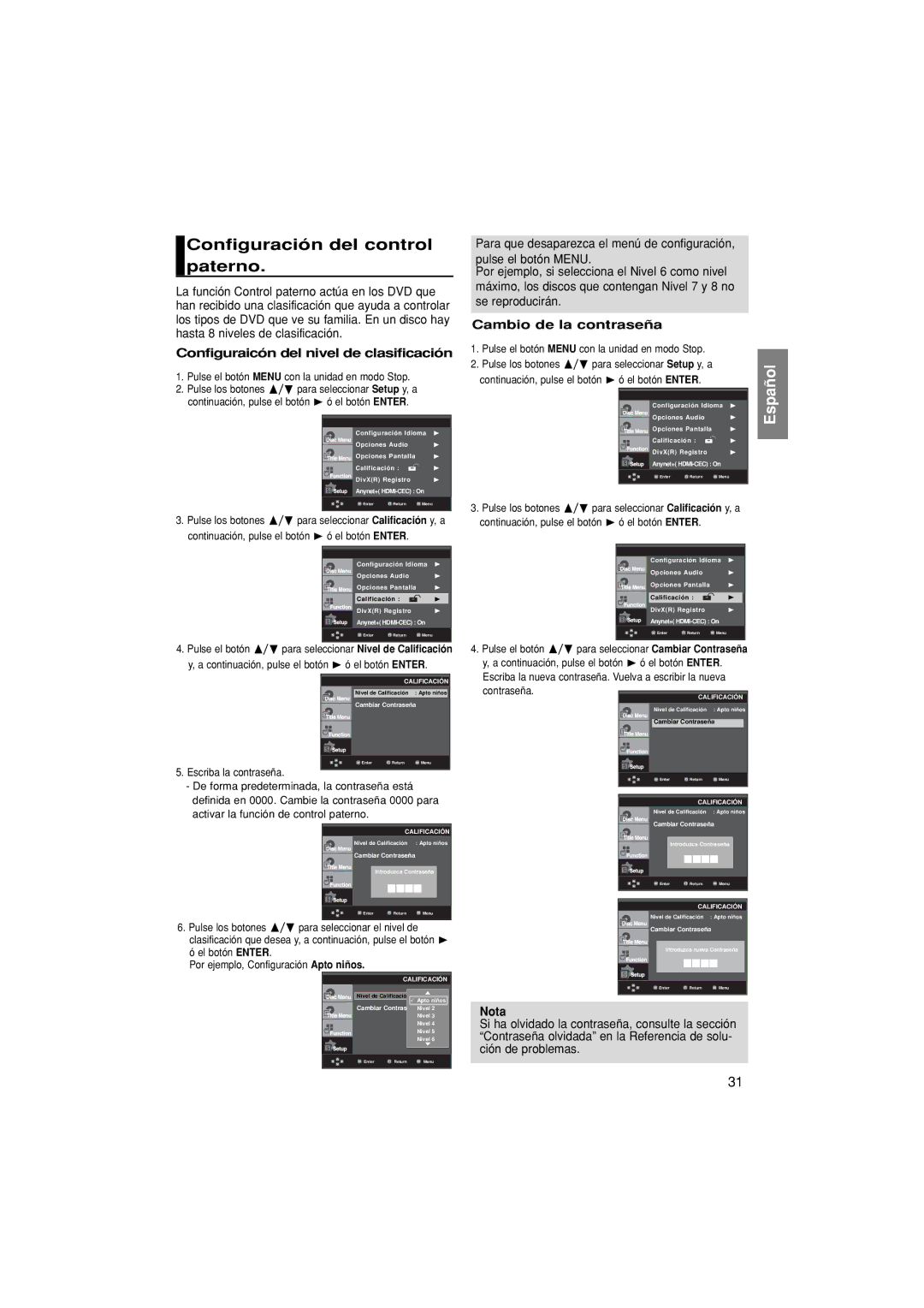 Samsung DVD-1080PK/XEC Configuración del control paterno, Configuraicón del nivel de clasificación, Escriba la contraseña 