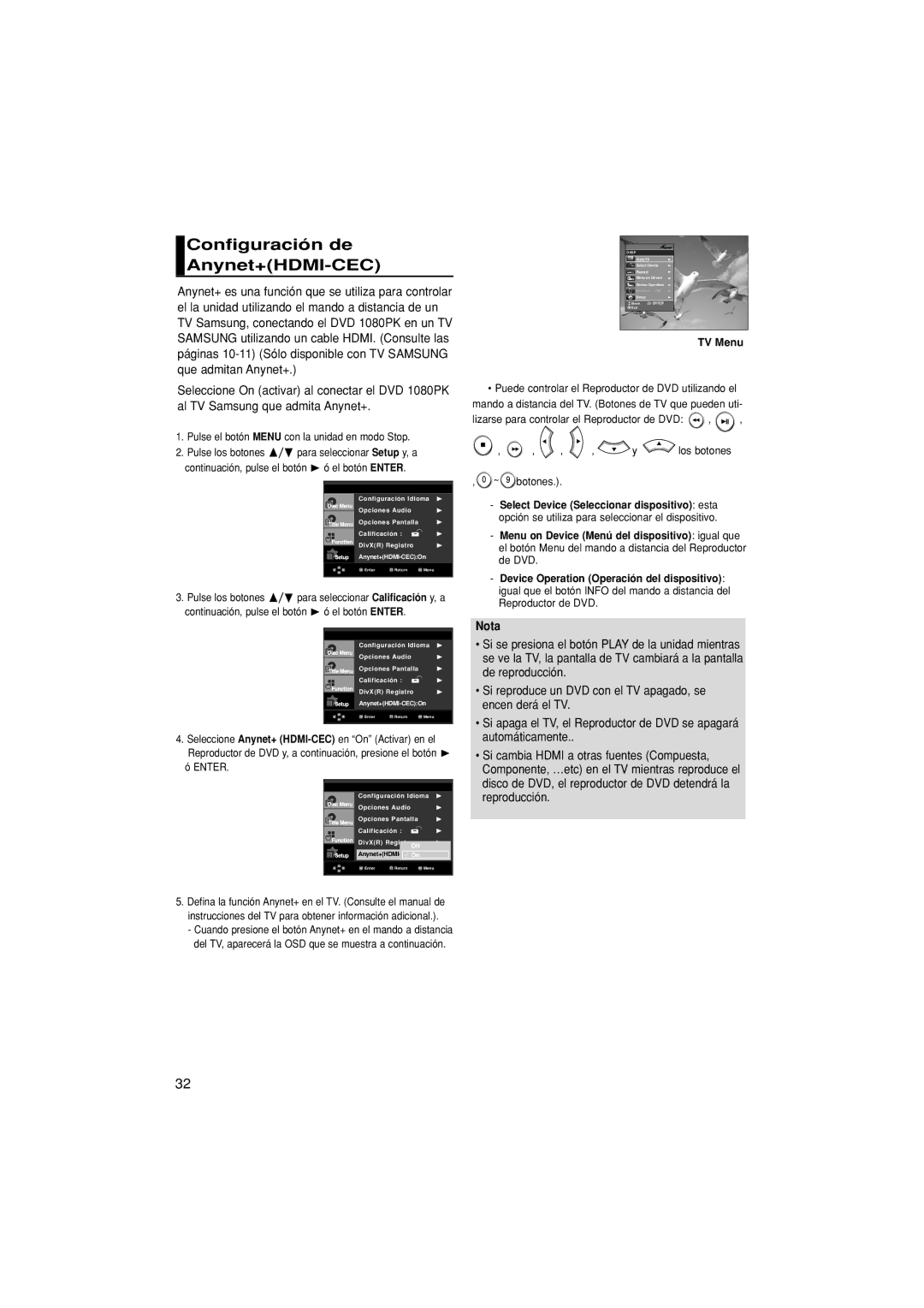 Samsung DVD-1080PK/XEC manual Configuración de Anynet+HDMI-CEC, Enter, TV Menu, Botones 