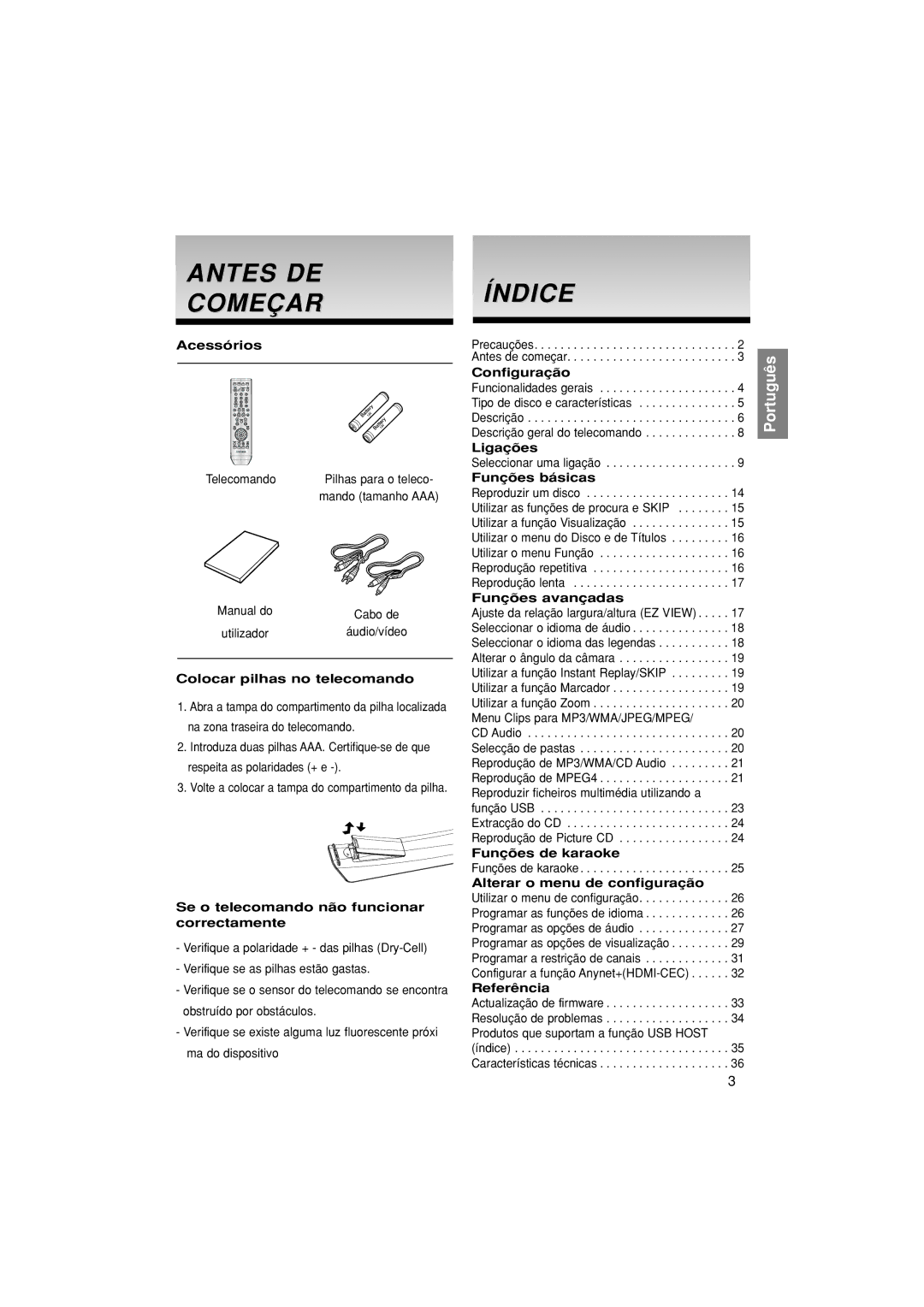 Samsung DVD-1080PK/XEC manual Antes DE Começar, Índice 