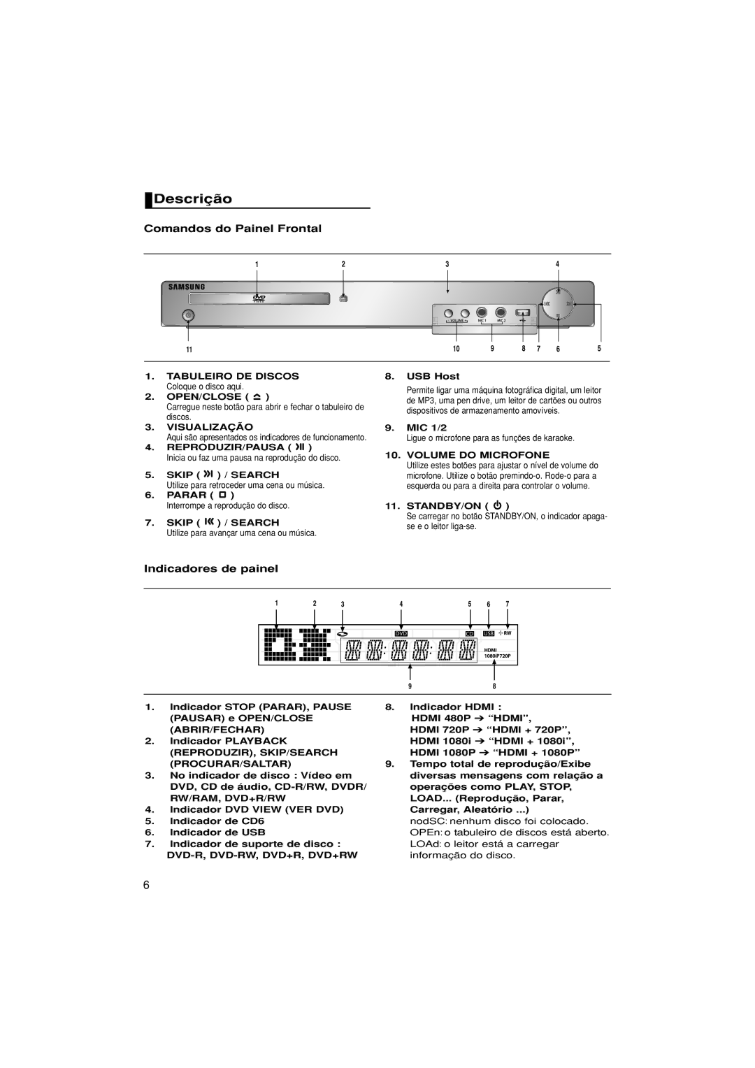 Samsung DVD-1080PK/XEC manual Descrição, Comandos do Painel Frontal, Indicadores de painel 