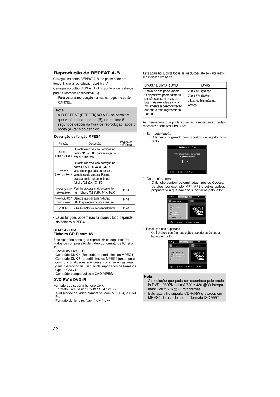 Samsung DVD-1080PK/XEC manual Reprodução de Repeat A-B, Descrição da função MPEG4, CD-R AVI file Ficheiro CD-R com AVI 