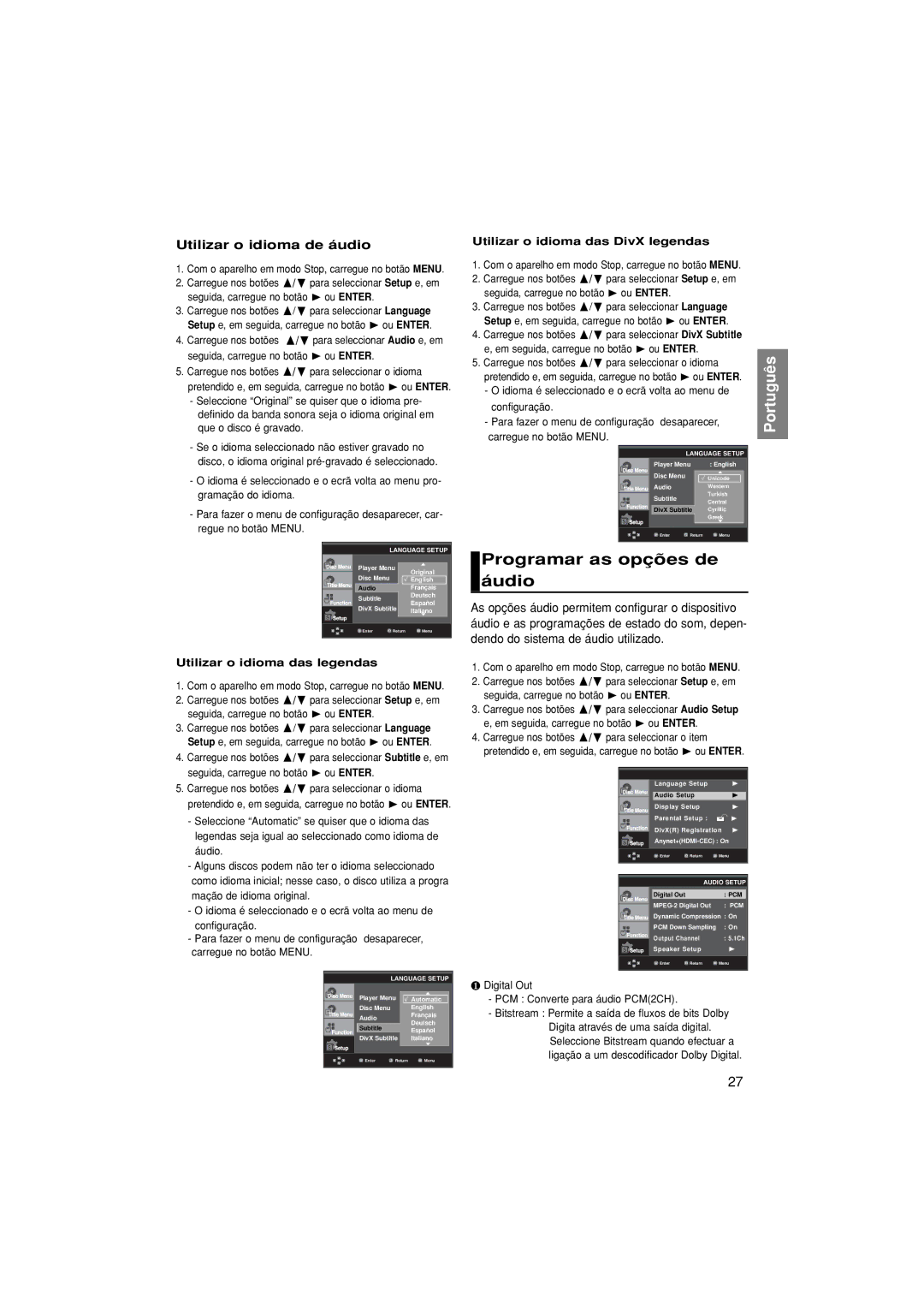 Samsung DVD-1080PK/XEC manual Programar as opções de áudio, Utilizar o idioma de áudio, Utilizar o idioma das legendas 