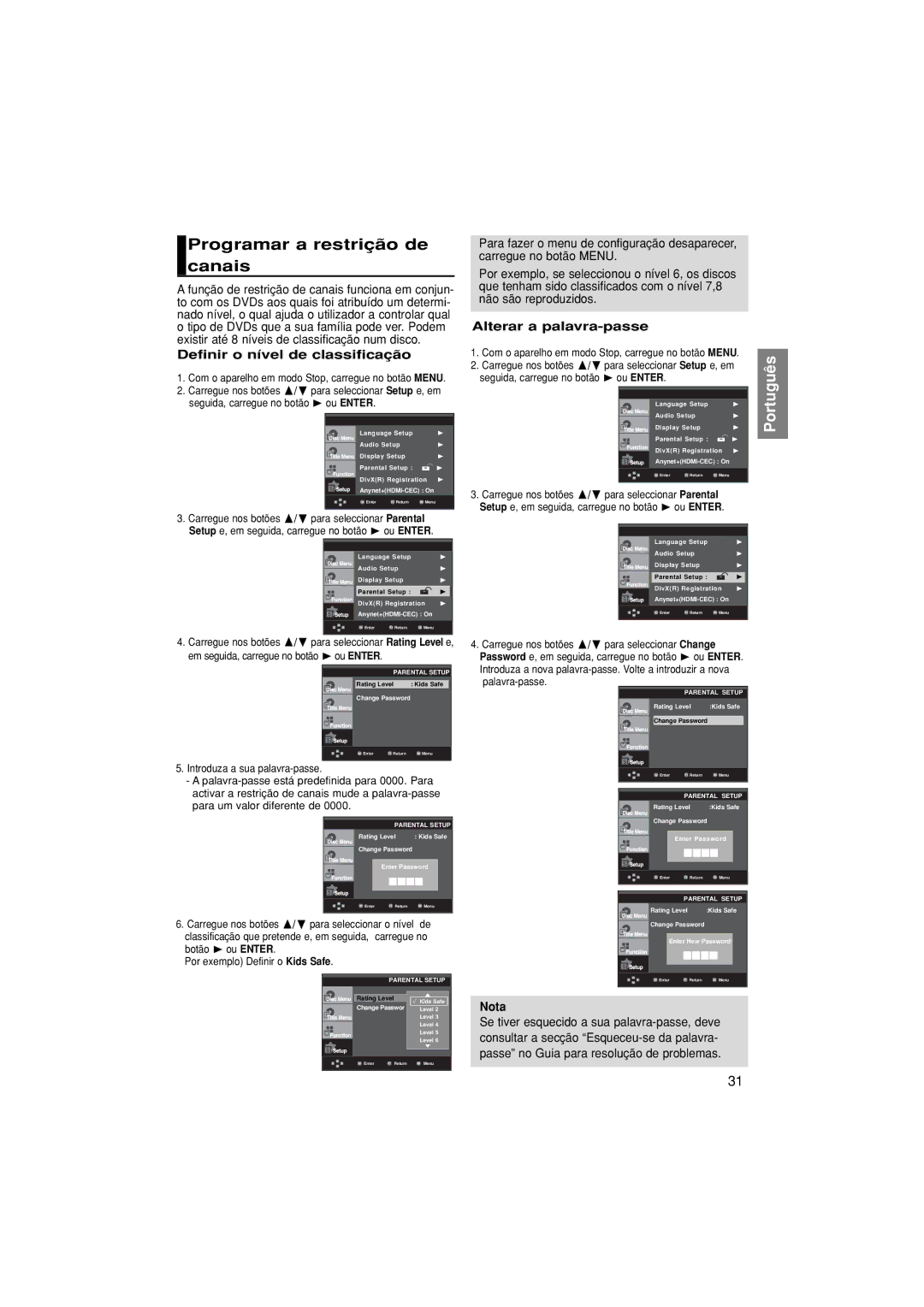 Samsung DVD-1080PK/XEC manual Programar a restrição de canais, Definir o nível de classificação, Alterar a palavra-passe 