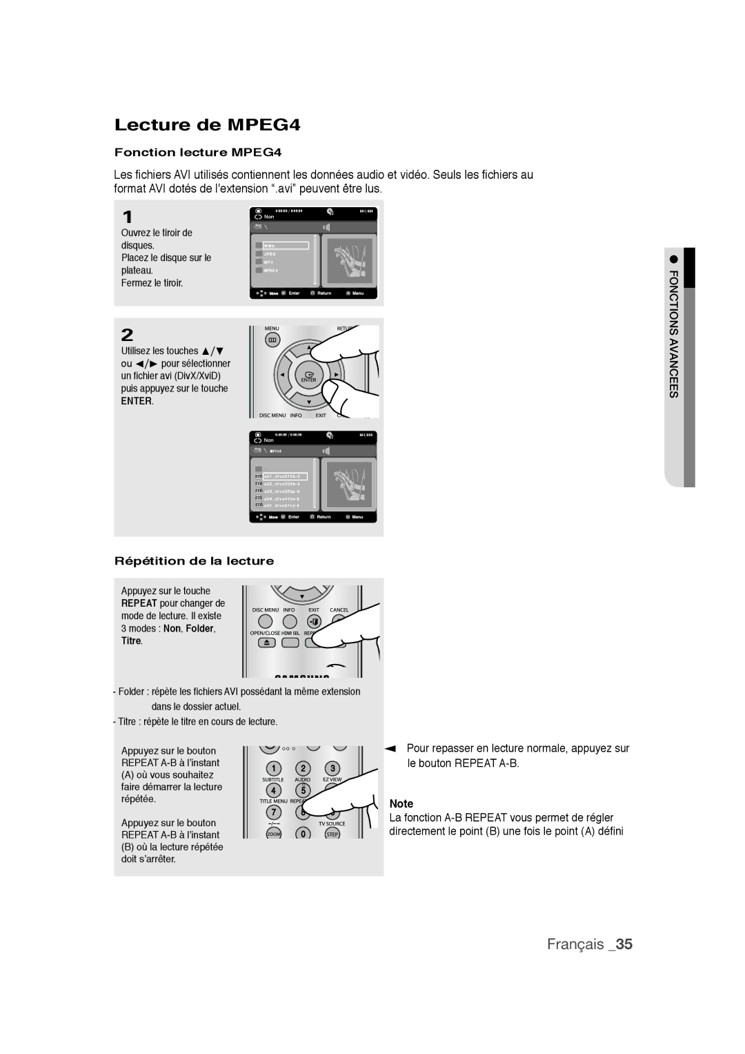 Samsung DVD-1080PR user manual Lecture de MPEG4, Fonction lecture MPEG4, Répétition de la lecture 